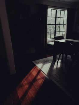 A dimly lit room with dark wooden floors and sunlight streaming through a window, creating a serene atmosphere.