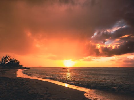 Capture the serene beauty of a dramatic sunset over a peaceful beach, with vibrant orange and pink hues.