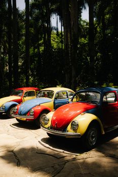 Vibrant retro Volkswagen Beetles parked in a lush tropical environment in Minas Gerais, Brazil.
