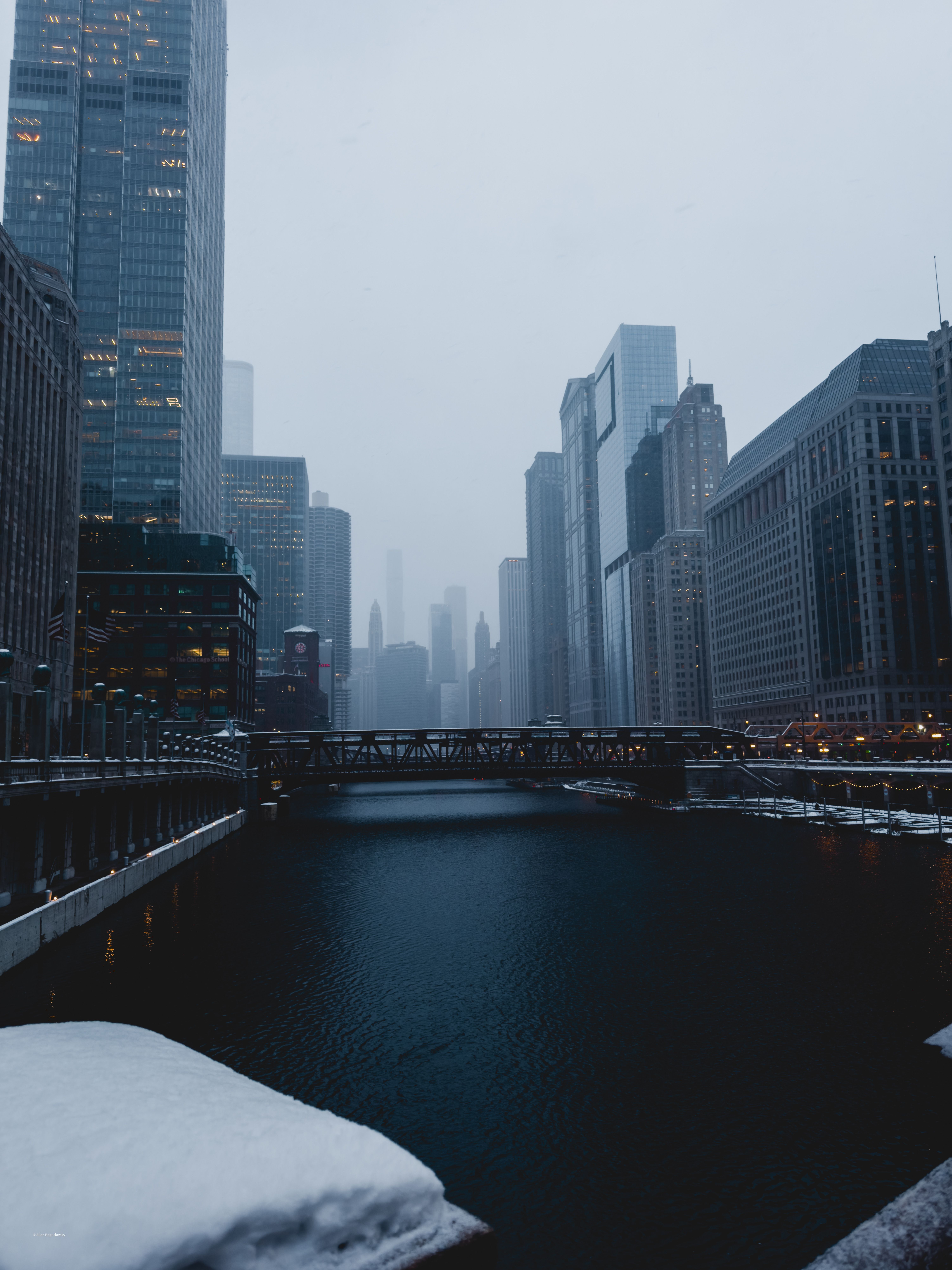 Snowy Chicago Cityscape Overlooking River · Free Stock Photo