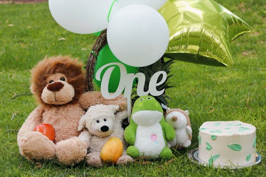 Colorful first birthday setup with plush toys, balloons, and a cake outdoors.