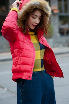 Fashionable woman in red jacket with stylish winter attire on city street.