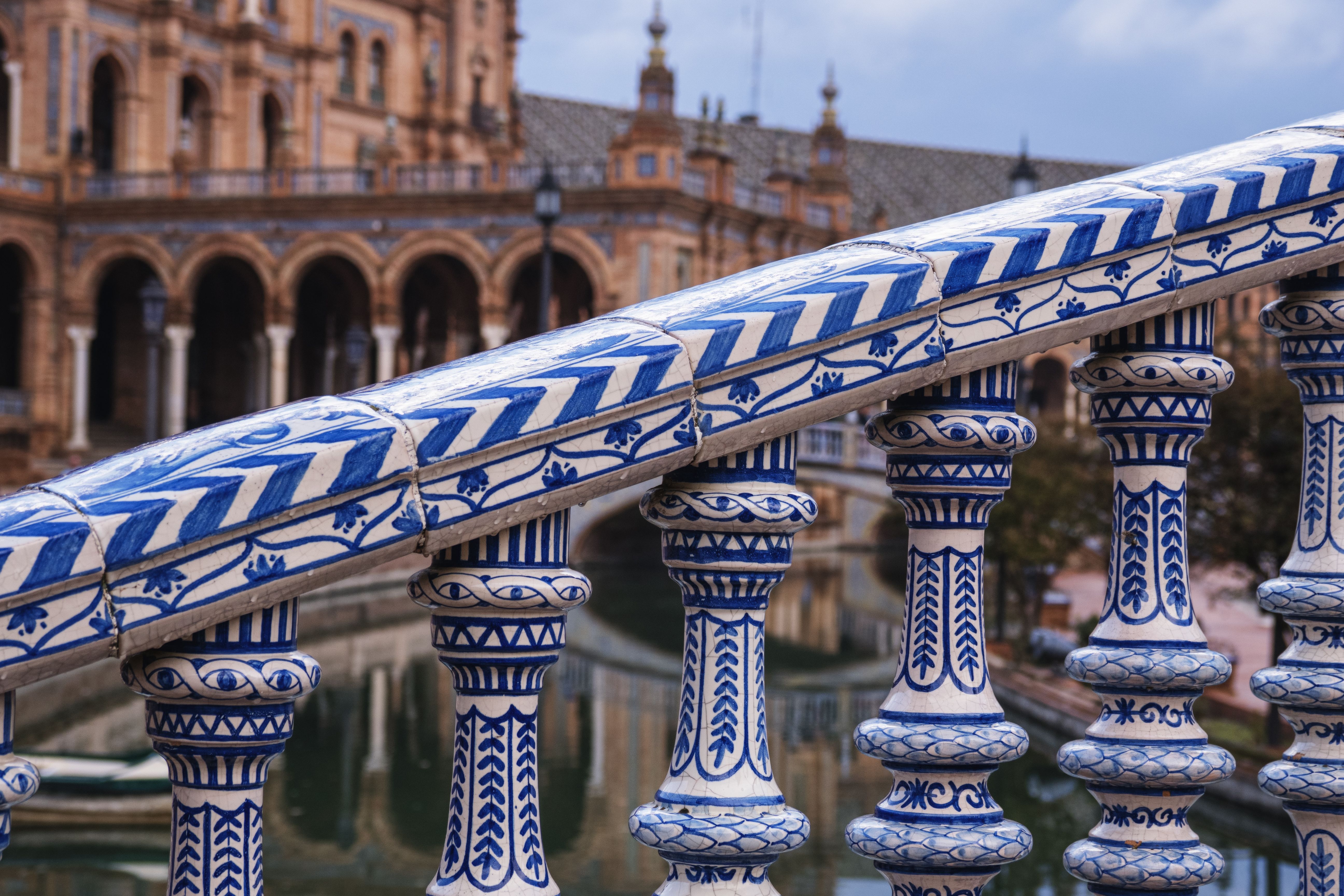 Close-up of decorative ceramic railings at Plaza de España, Seville. Close-up of decorative ceramic railings at Plaza de España, Seville.