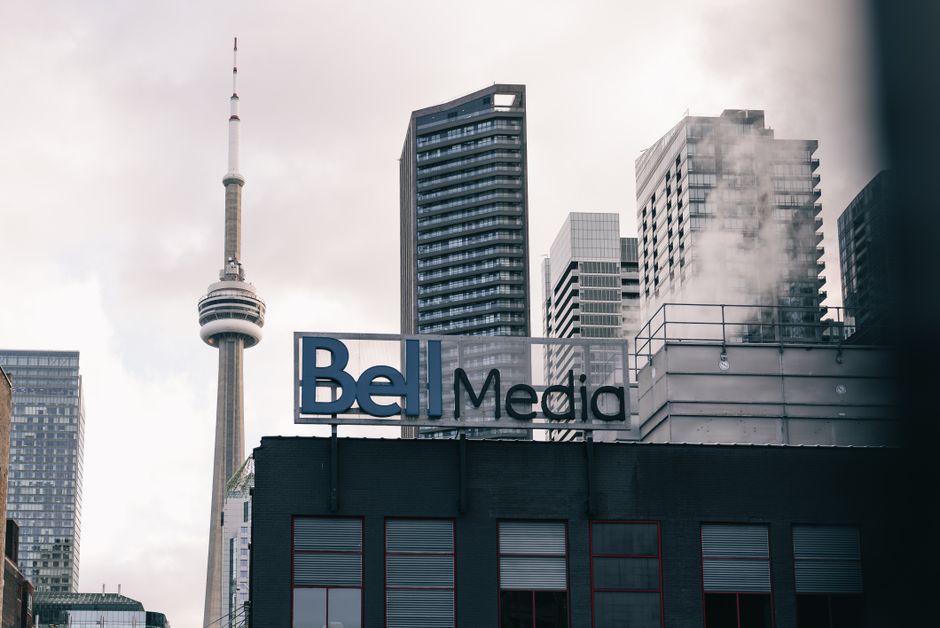 View of Toronto skyline featuring the CN Tower and Bell Media sign.