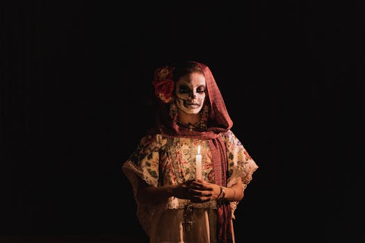 Traditional Day of the Dead costume and makeup featuring a woman holding a candle in Mérida, Mexico.