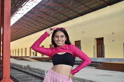 Teen girl striking a pose in pink attire at a train station in Mérida, Mexico, exuding confidence and style.