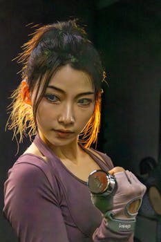 Young woman lifting a dumbbell in a gym, showing determination and strength.