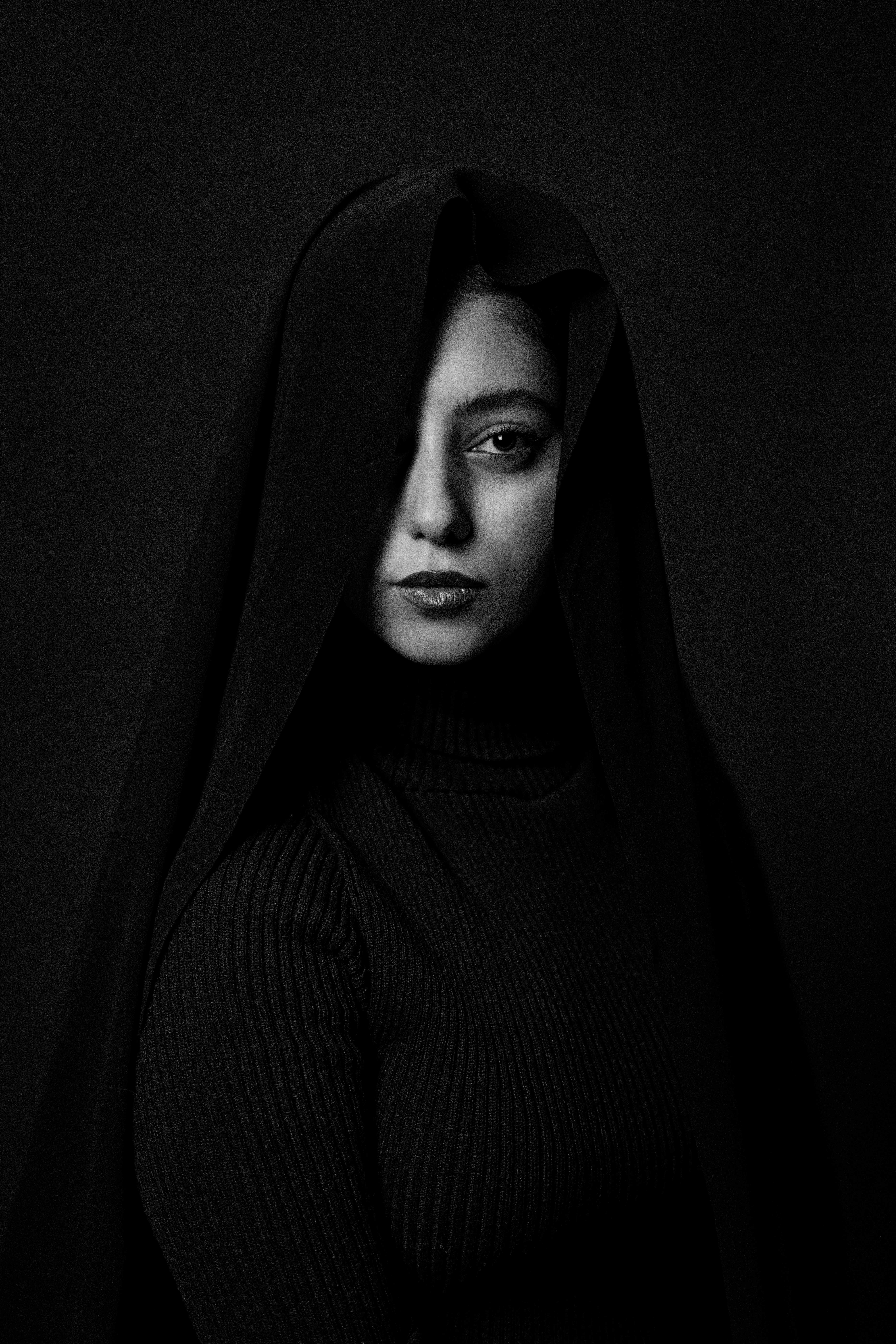 Moody Black and White Portrait of Woman in Veil · Free Stock Photo