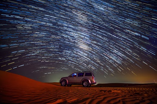 A stunning night sky with star trails above an SUV parked on desert dunes, capturing a sense of adventure.