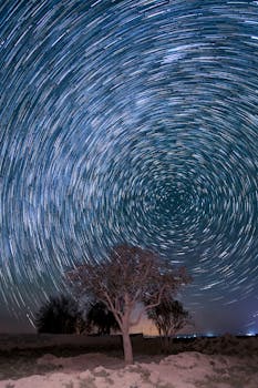 Mesmerizing star trails over a desert landscape at night in شاهرود, استان سمنان, Iran.