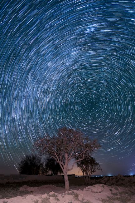 Mesmerizing star trails over a desert landscape at night in شاهرود, استان سمنان, Iran.