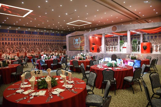Luxurious setup for a Roman-themed event with red table settings, ideal for formal dinners or parties.