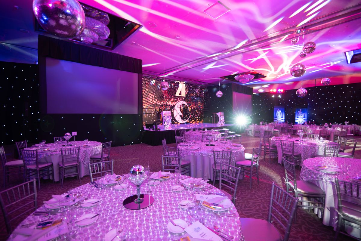 Large event hall with round dinner tables