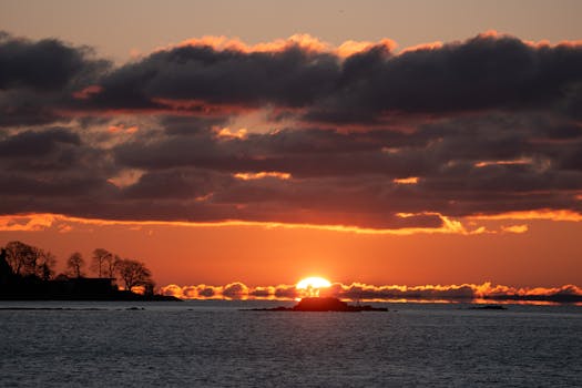 Breathtaking sunrise at Stamford, Connecticut, showcasing vivid colors and silhouetted trees.