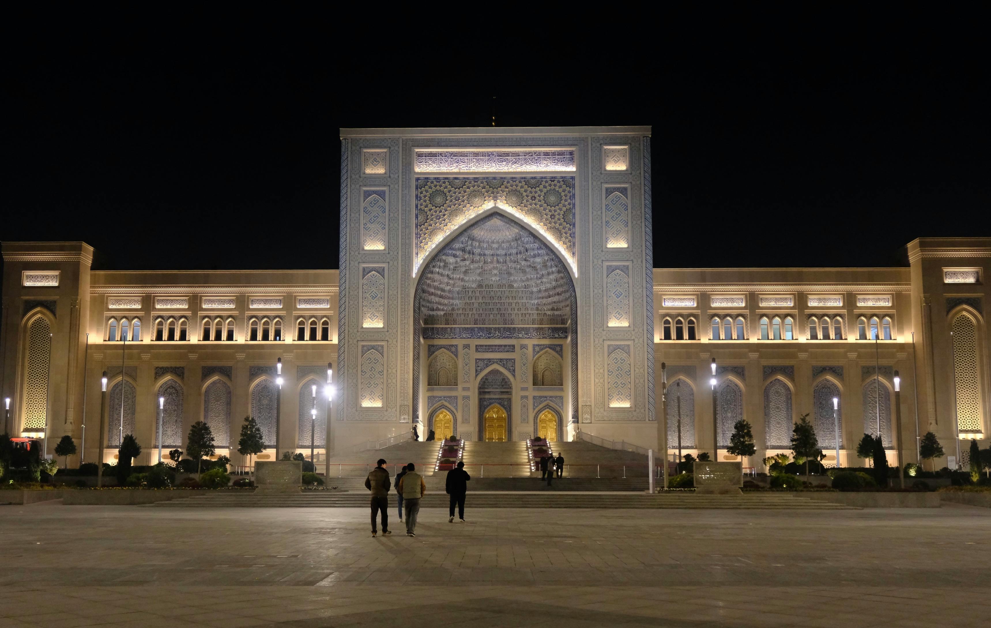 Stunning night view of a beautifully lit architectural landmark with intricate designs.