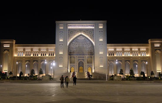 Stunning night view of a beautifully lit architectural landmark with intricate designs.