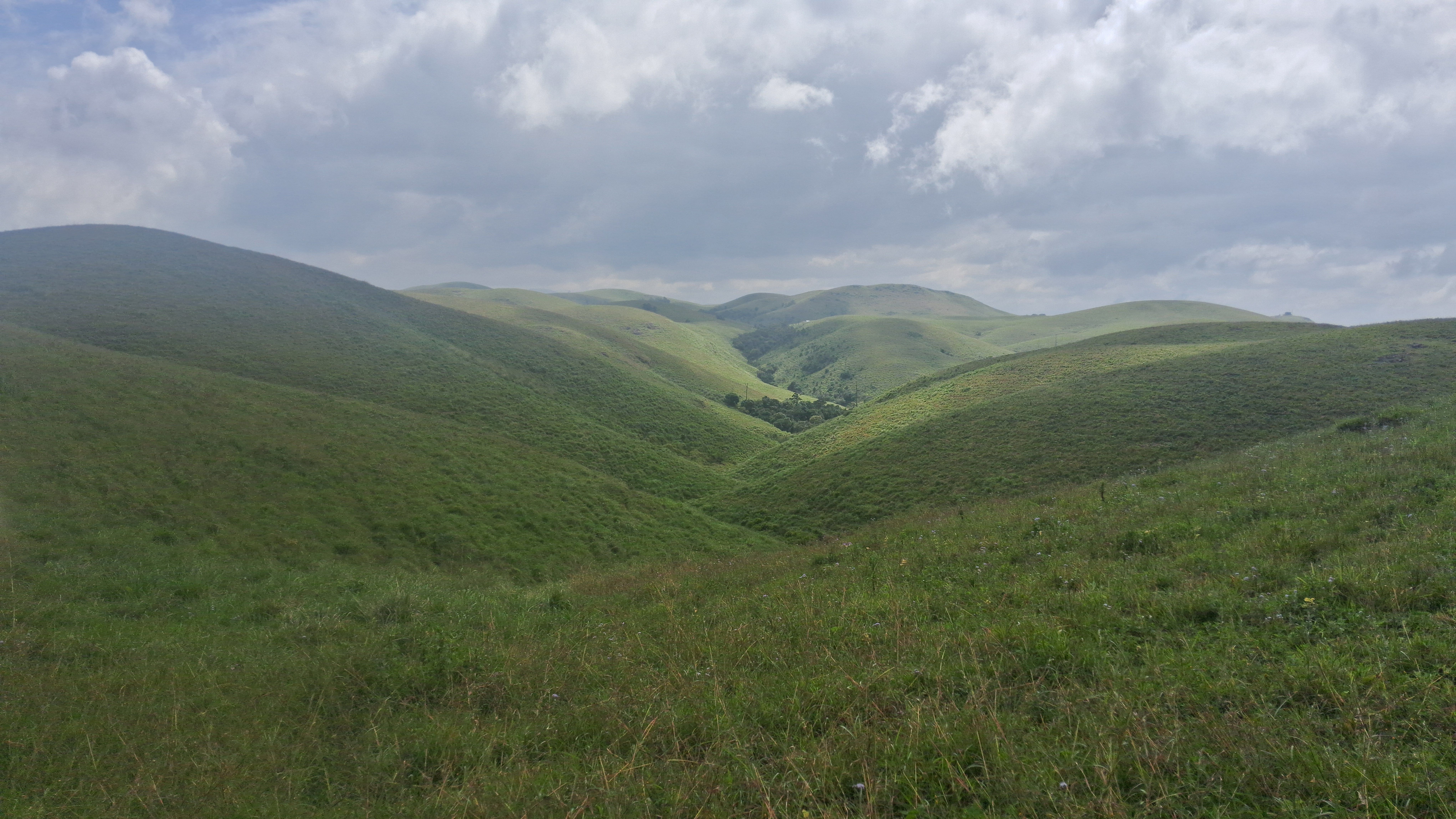 A serene landscape of lush green hills under a cloudy sky, showcasing natural beauty.
