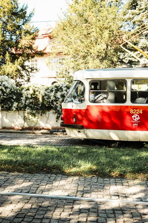 Free A vintage red tram travels through a sunny park in Prague, surrounded by lush greenery and historical architecture. Stock Photo