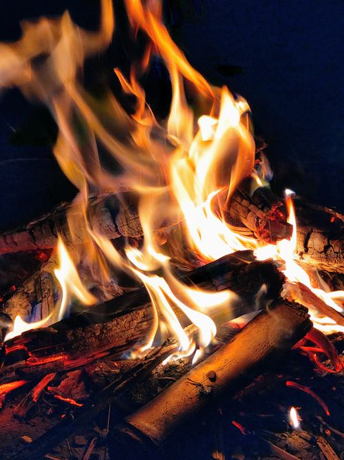 Free A mesmerizing display of vibrant campfire flames illuminating the night. Perfect for nature and adventure themes. Stock Photo