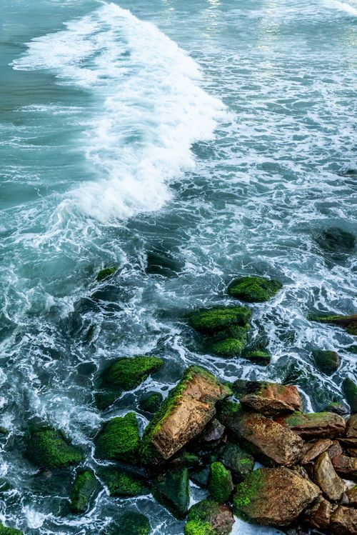 Free Dynamic ocean waves crashing on a rocky shoreline in Rio de Janeiro, Brazil. Stock Photo