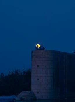 Silhouette of people sitting on a stone structure illuminated by a full moon at night.