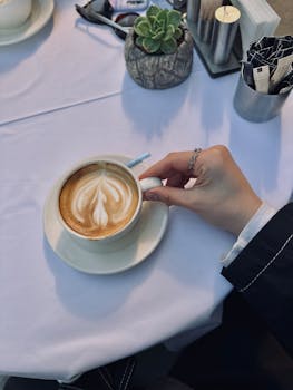 Stylish hand holding a latte with beautiful art in an Istanbul cafe.