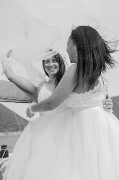 Two women in wedding dresses enjoying a yacht wedding in Mendoza.