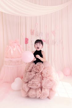 Little girl in pink dress holding balloon at a birthday party indoors.
