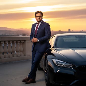 Confident businessman in a suit stands by a luxury car with a city skyline at sunset, exuding success and sophistication.
