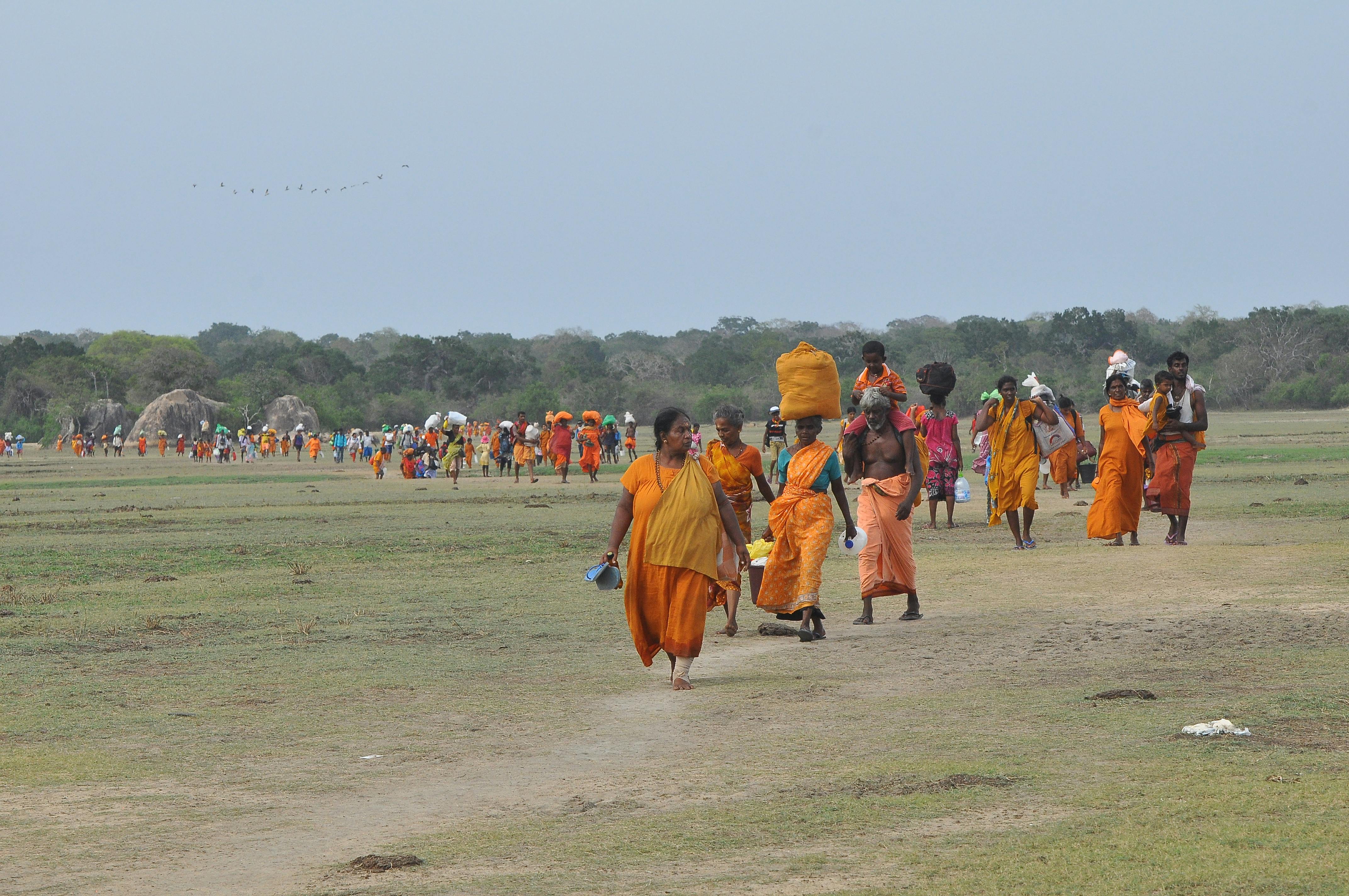Group of pilgrims walking through a field in Anuradhapura, Sri Lanka, wearing traditional attire. - ¿Dónde dormir en Anuradhapura?