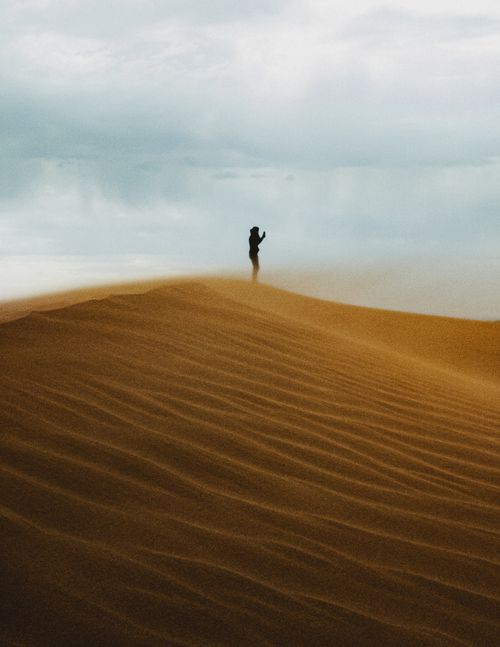 Free A person standing on a dune in the Sahara Desert, Algeria, amidst a sandstorm. Stock Photo