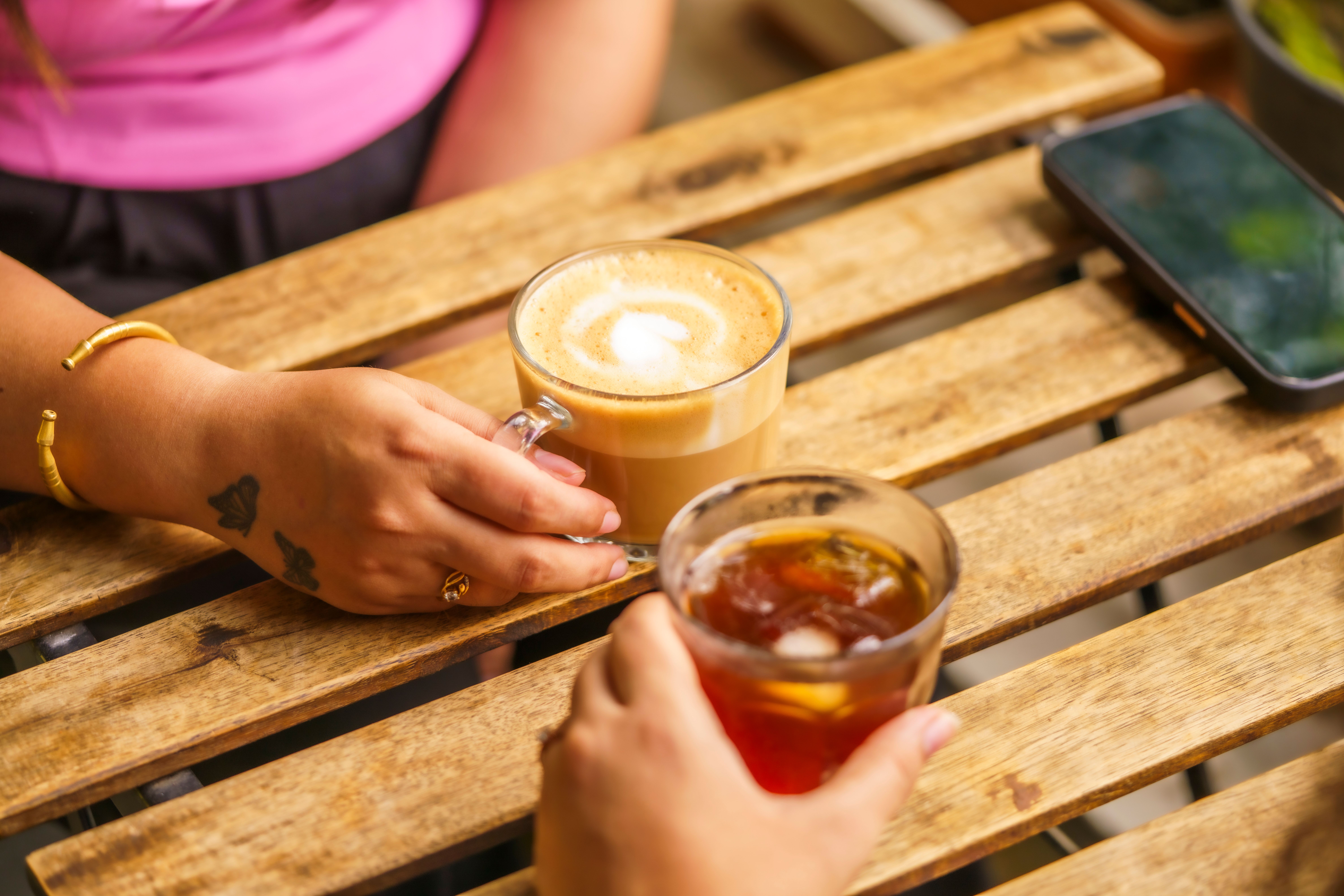 Coffee and Tea Break Outdoors on Wooden Table · Free Stock Photo