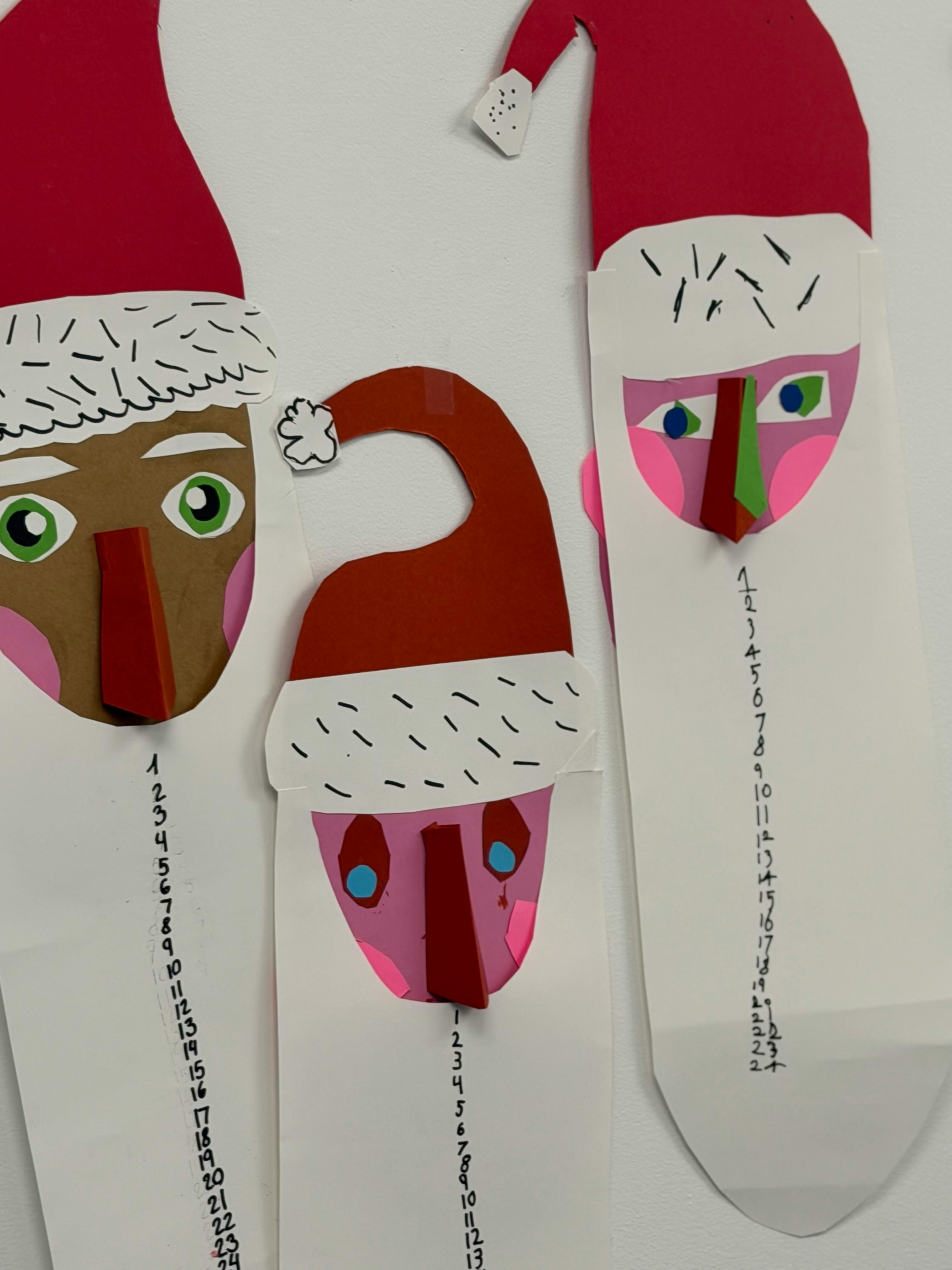Colorful Santa Claus paper crafts with numbered beards in various styles.