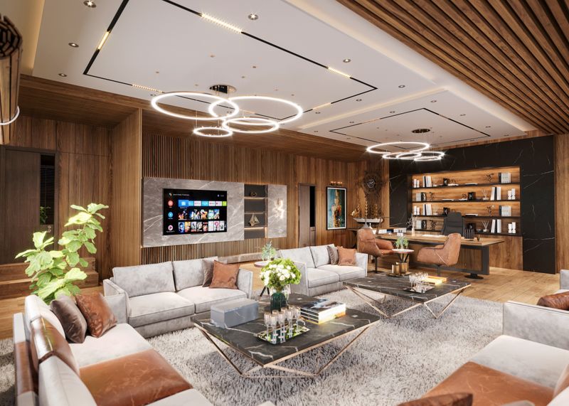 Luxury living room with wood-look flooring and slat accent wall