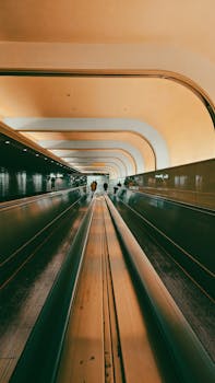 A modern airport terminal passageway featuring a moving walkway and sleek architectural design.