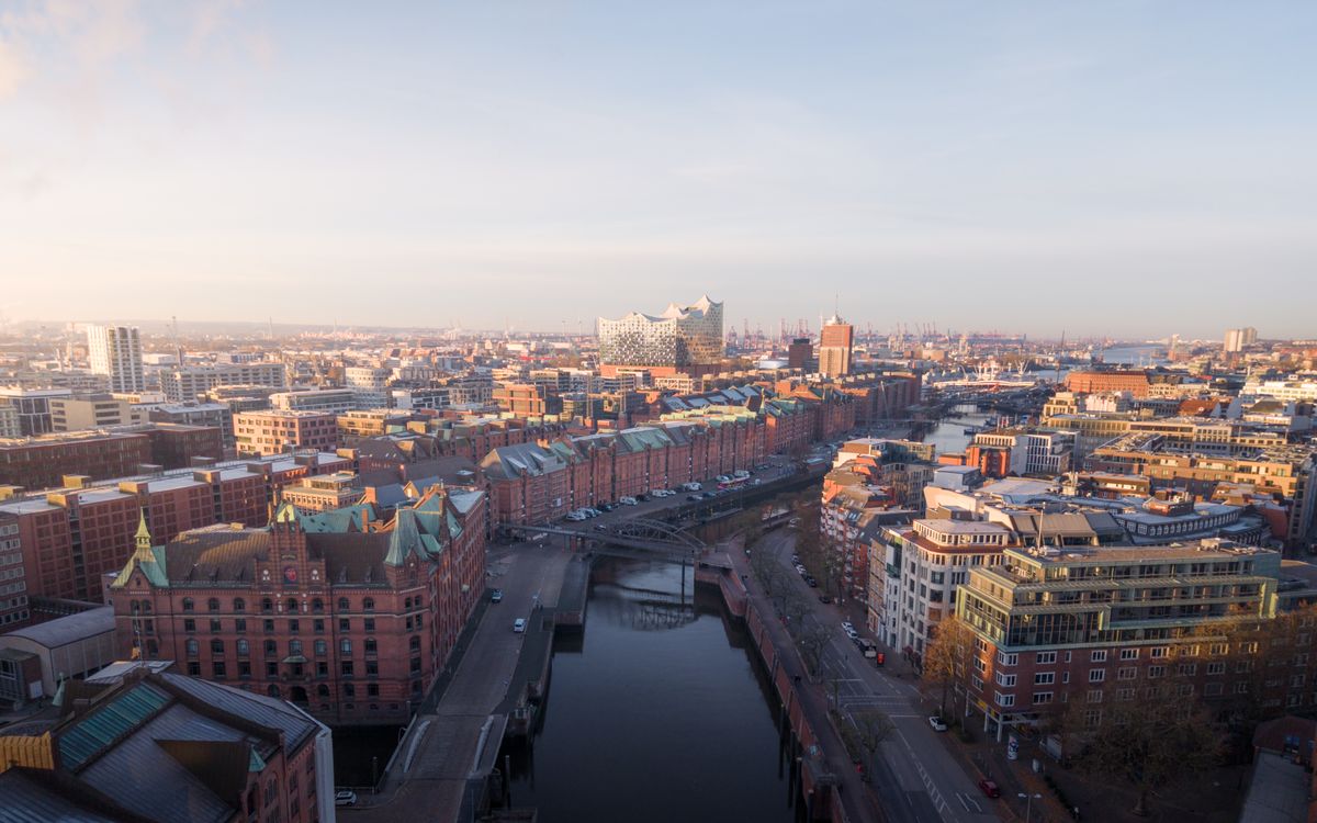 Aerial view of Hamburg's red-brick Speicherstadt warehouse district