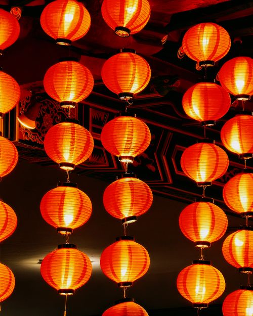Free Red Chinese lanterns hanging in Thean Hou Temple, Kuala Lumpur, creating a festive and warm atmosphere. Stock Photo