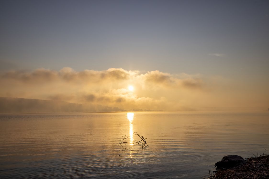 Serene Sunrise over Misty Lake Waterscape · Free Stock Photo