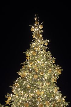 Glowing Christmas tree with golden decorations against a dark sky, creating a festive ambiance.