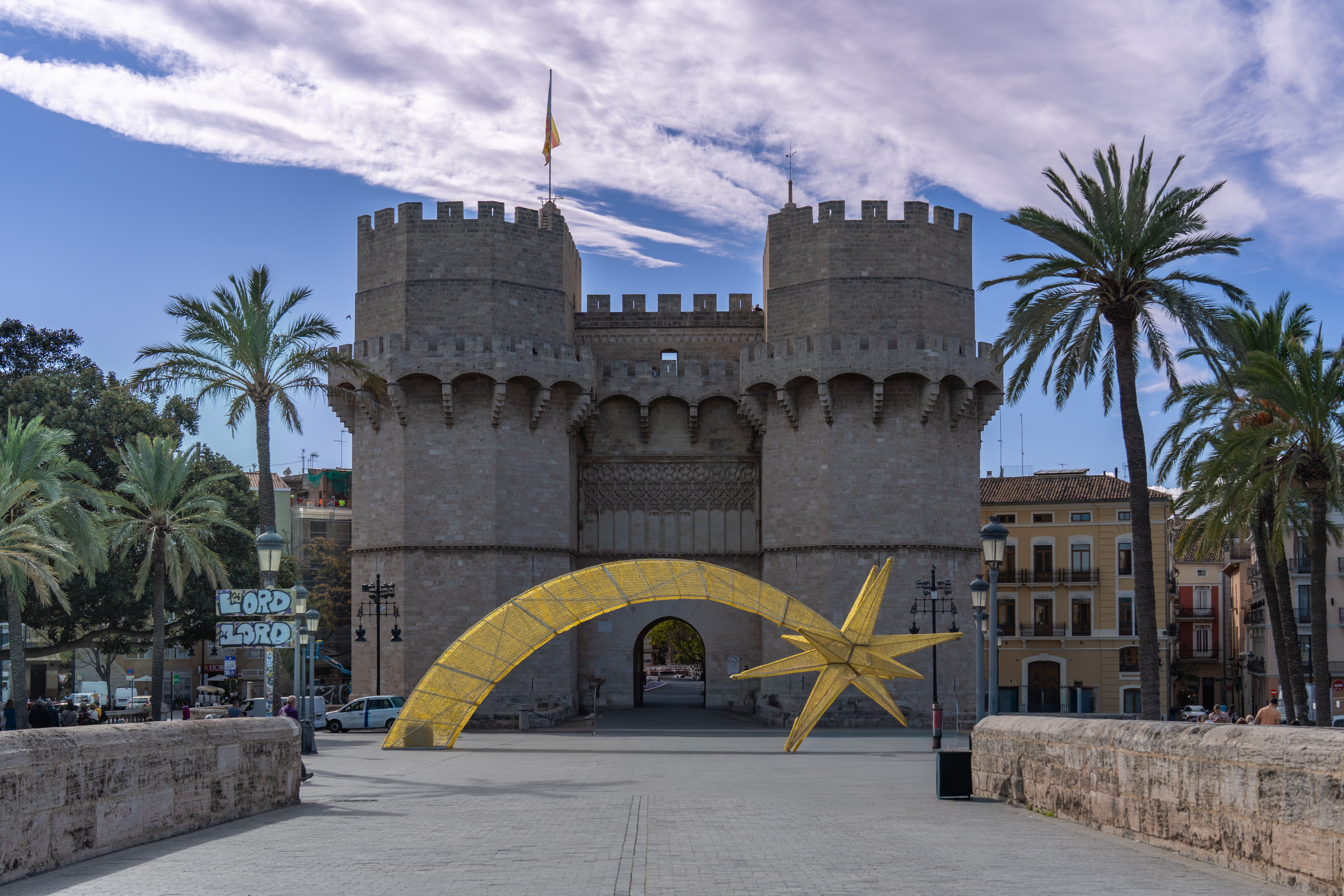The iconic Torres de Serranos with decorative star in Valencia, Spain.