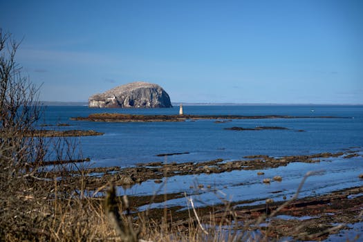 Free stock photo of bass rock, blue sky, calm water