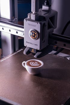 A 3D printer creates intricate latte art in a coffee cup, showcasing technological innovation in food preparation.