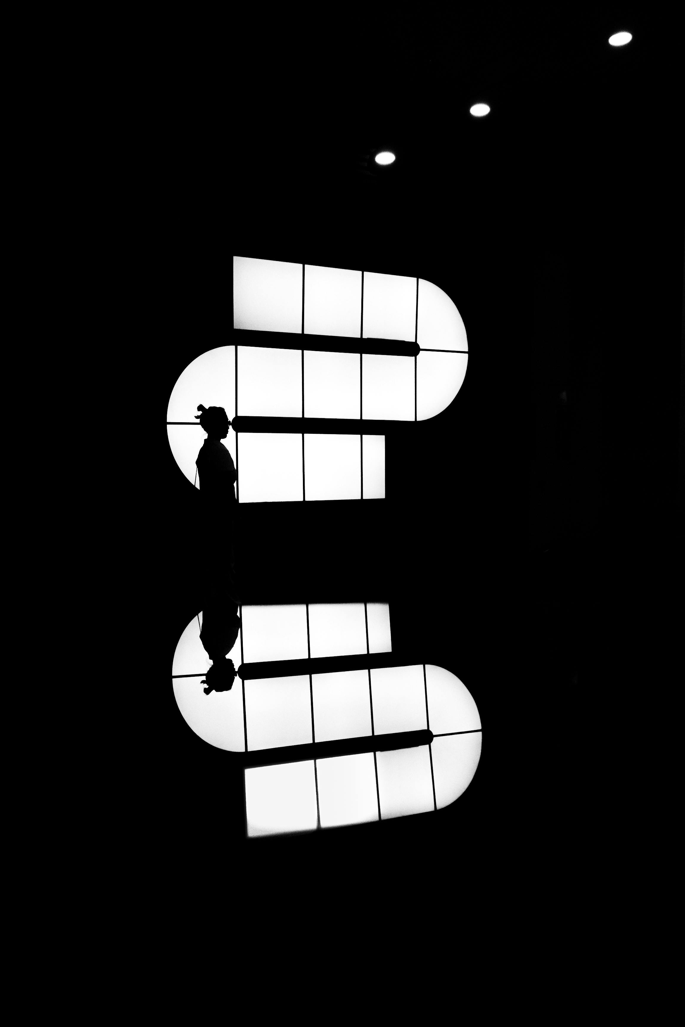 grátis Fotografia em preto e branco de uma silhueta com reflexo em vidro em um contexto de arquitetura minimalista. Foto profissional