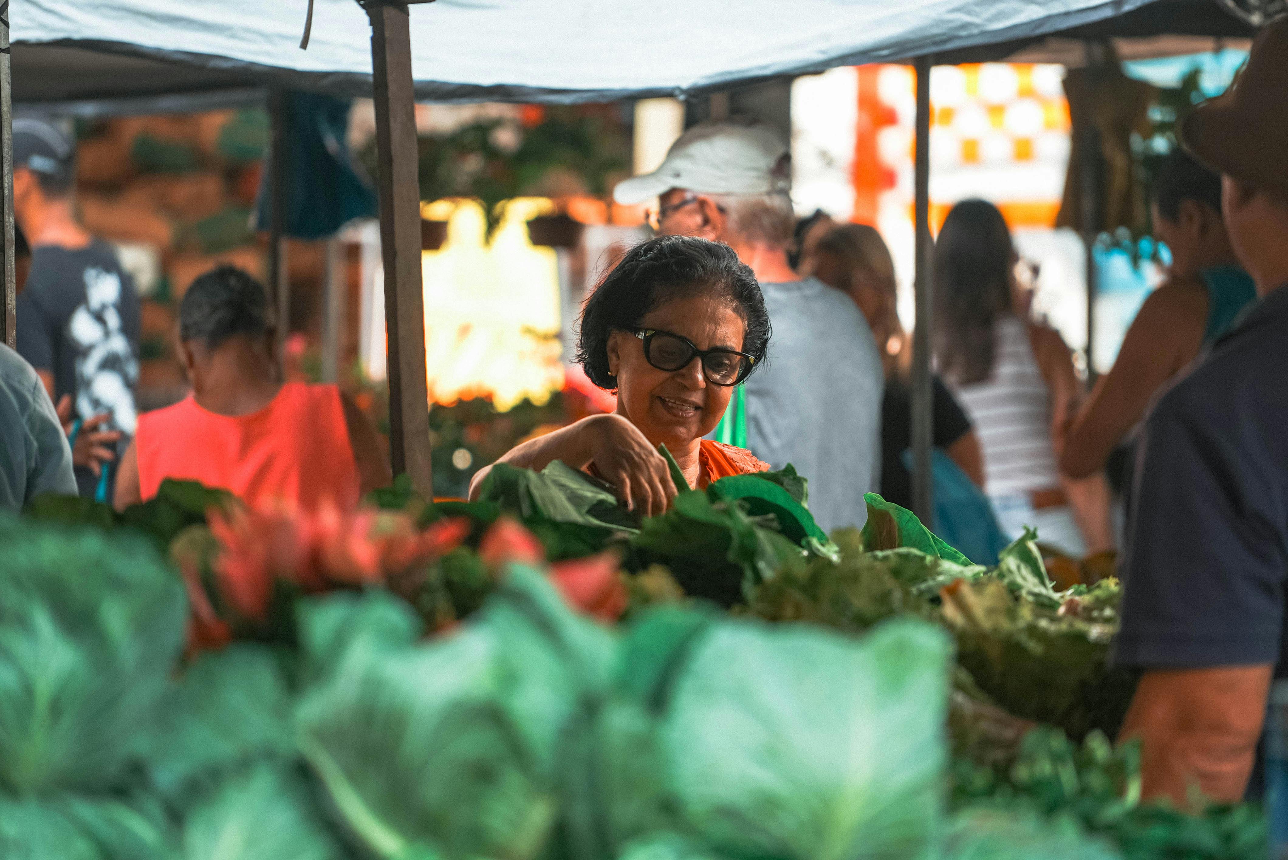 Senior woman browsing fresh greens at a vibrant outdoor market in Espírito Santo, Brasil.