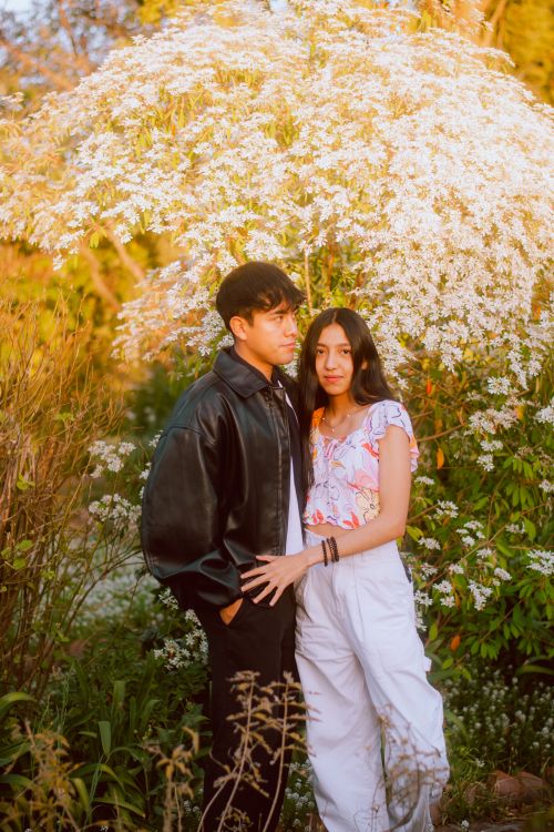 Free A young couple standing together in a blooming garden during sunset, capturing a warm and romantic moment. Stock Photo