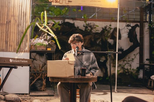 Young artist performing a poetry reading outdoors with a microphone.