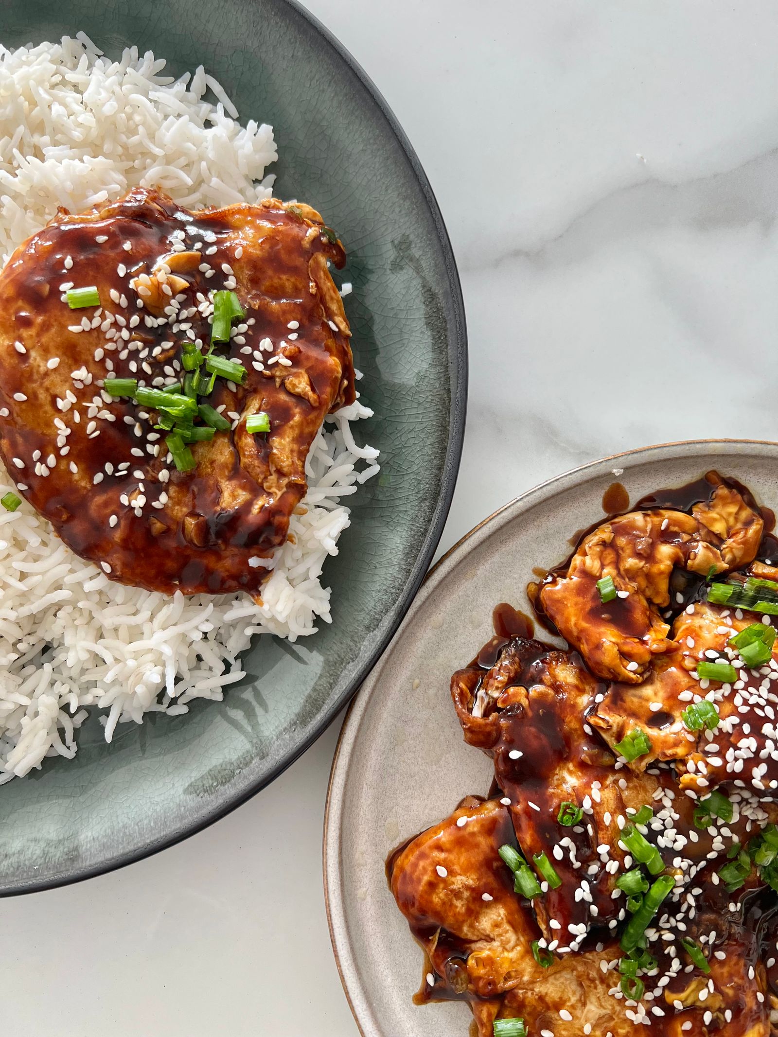 Glossy ketjap-lacquered chicken with sesame and spring onion over a bed of rice.