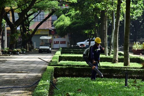 Free A gardener in uniform uses a leaf blower to maintain a city park's greenery, emphasizing urban cleanliness. Stock Photo