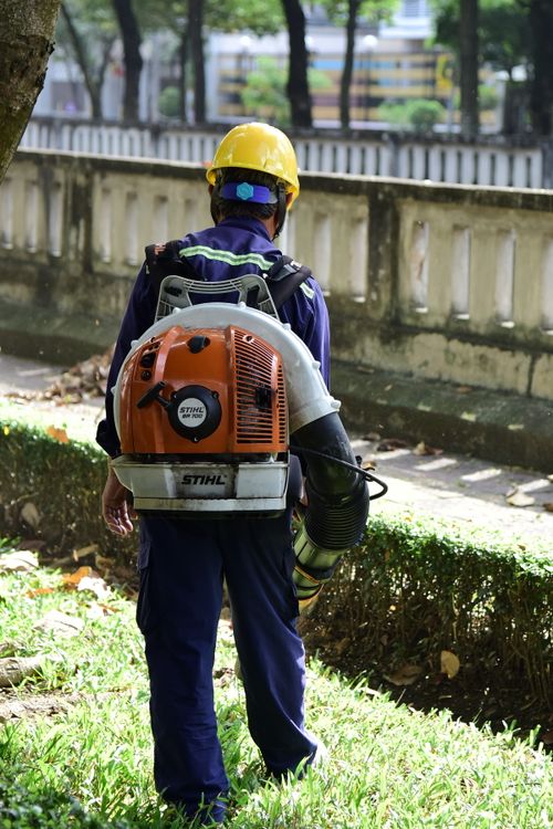 Free Worker using a leaf blower in a park, wearing safety gear. Stock Photo