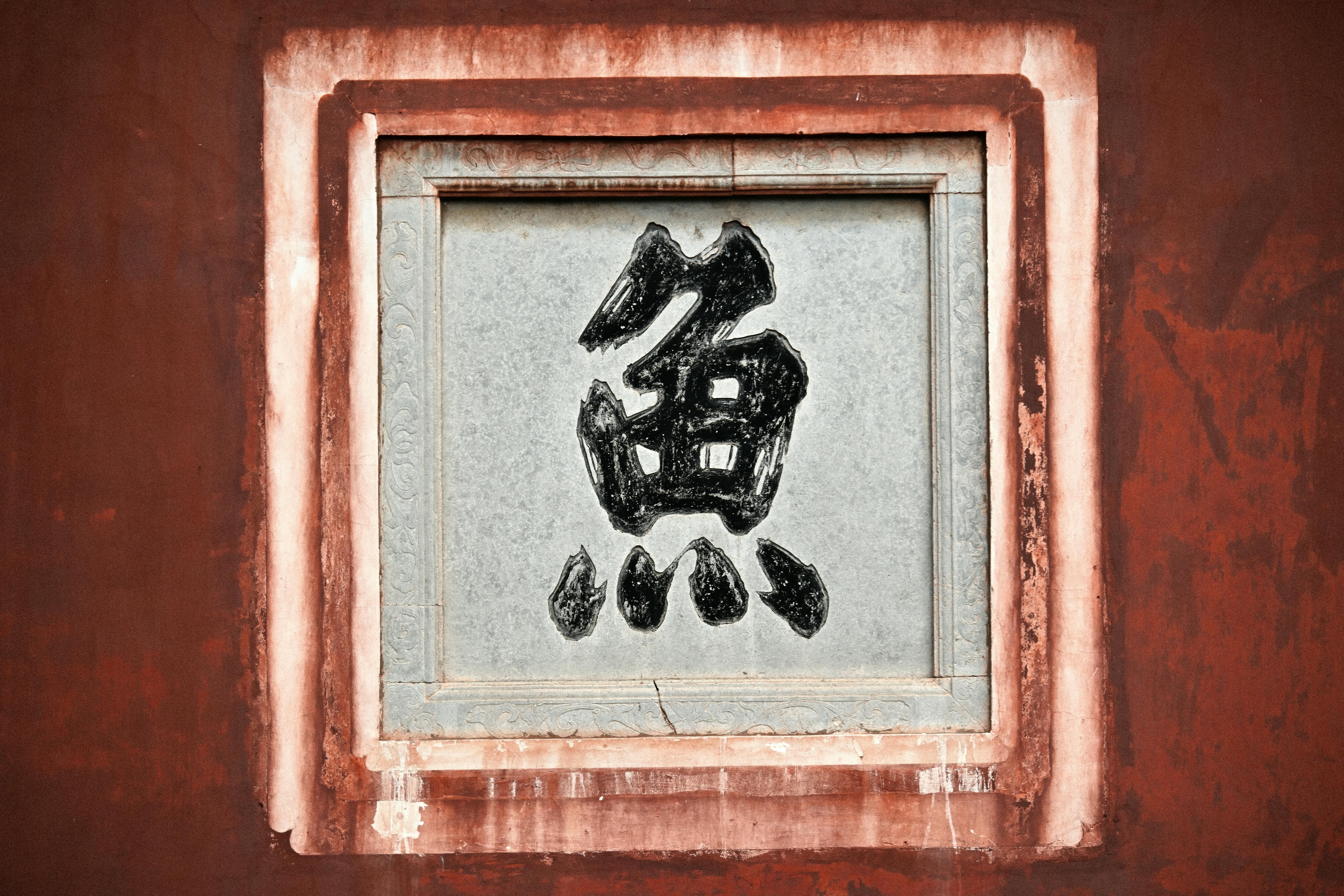 A traditional Chinese character, 'Fish', beautifully framed on a rustic red wall, showcasing cultural artistry.